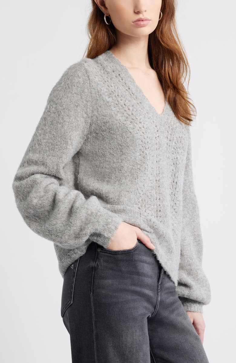 Treasure & Bond Oversize Pointelle V-Neck Sweater, Alternate, color, Grey Heather