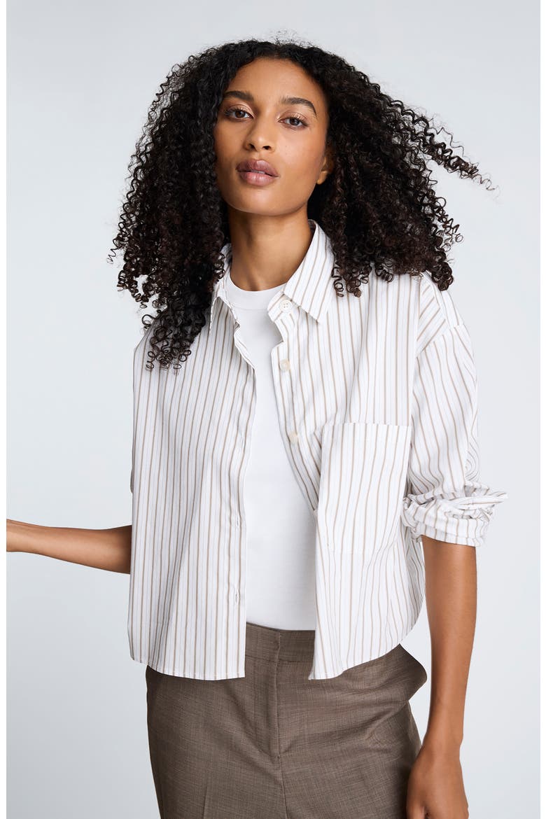 Stripe Crop Button-Up Shirt, Alternate, color, WHEAT/ BARK COMBO