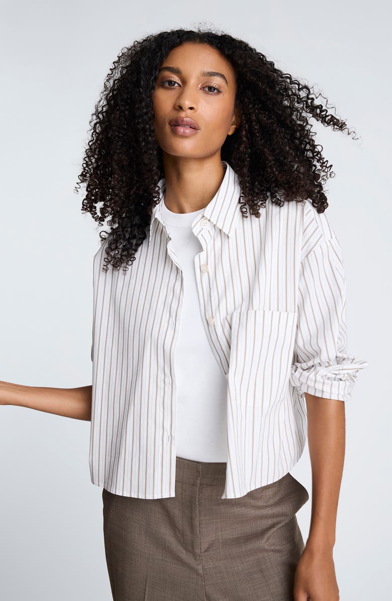 Kenneth Cole Stripe Crop Button-Up Shirt, Alternate, color, Wheat/ Bark Combo