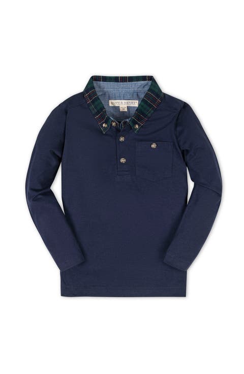 Kids' Organic Long Sleeve Polo Shirt with Woven Collar (Little Kid and Big Kid)