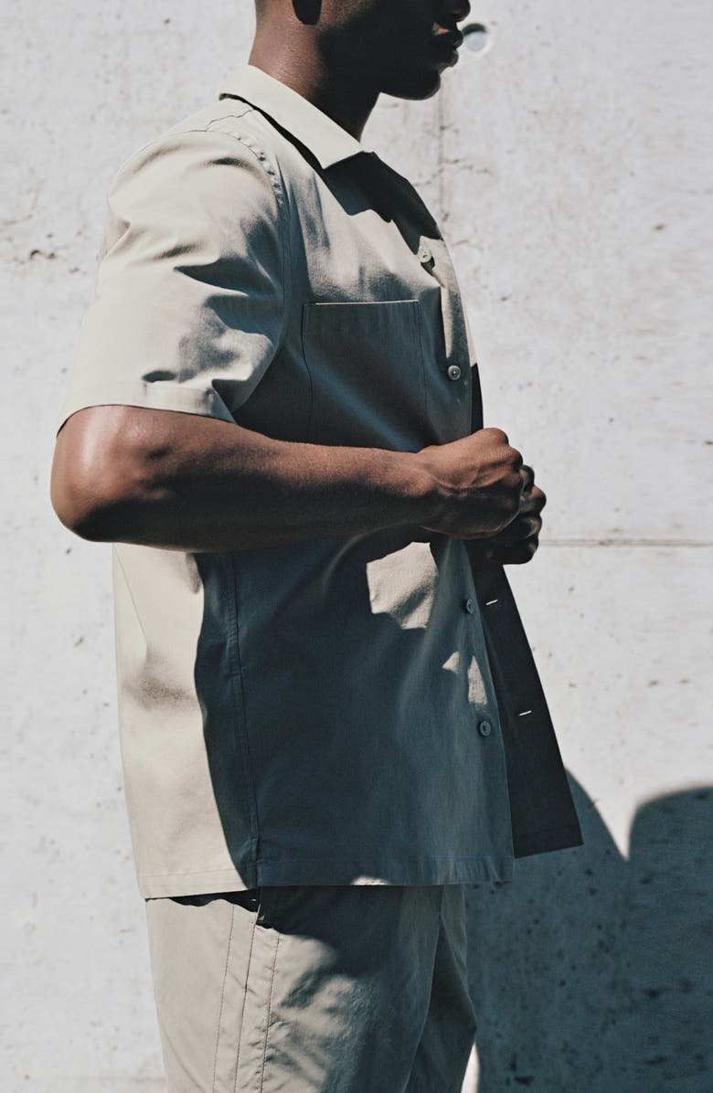 MANGO Solid Stretch Cotton Blend Camp Shirt, Alternate, color, Khaki Grey