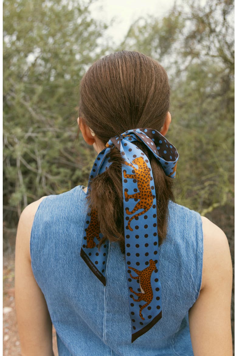 Silk Skinny Scarf Of Blue Leopards Garden, Alternate, color, Blue