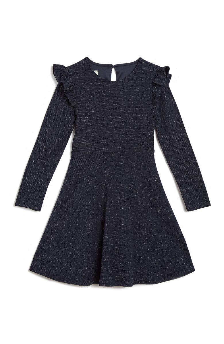 Pippa & Julie Kids' Anna Long Sleeve Sparkle Knit Skater Dress, Main, color, Navy