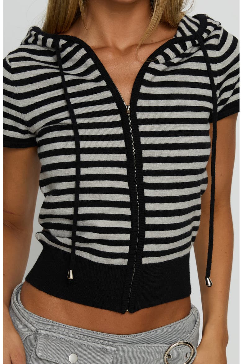 Kahlee Stripe Short Sleeve Zip Hoodie, Alternate, color, GREY / BLACK STRIPE