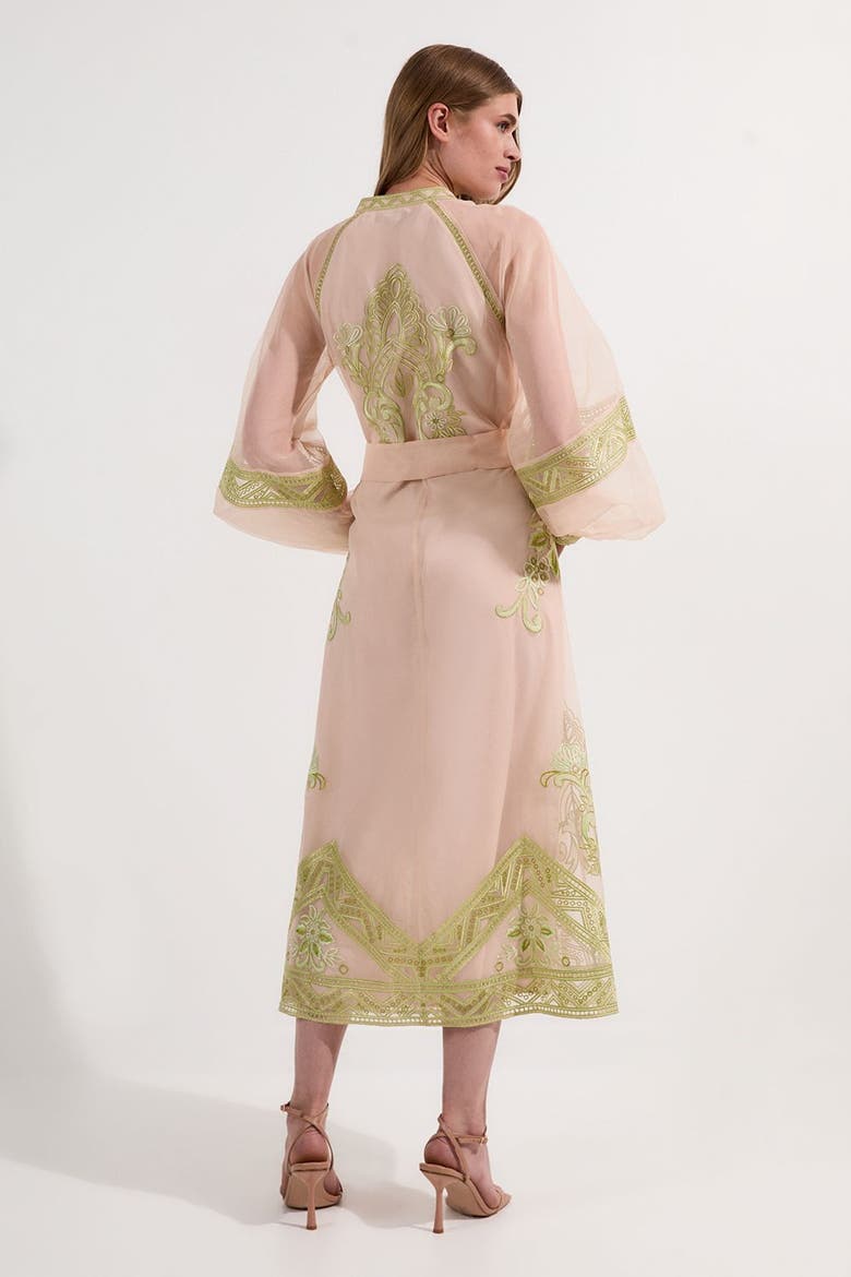 Embroidered Mandarin Collar Midi Dress, Alternate, color, Lime