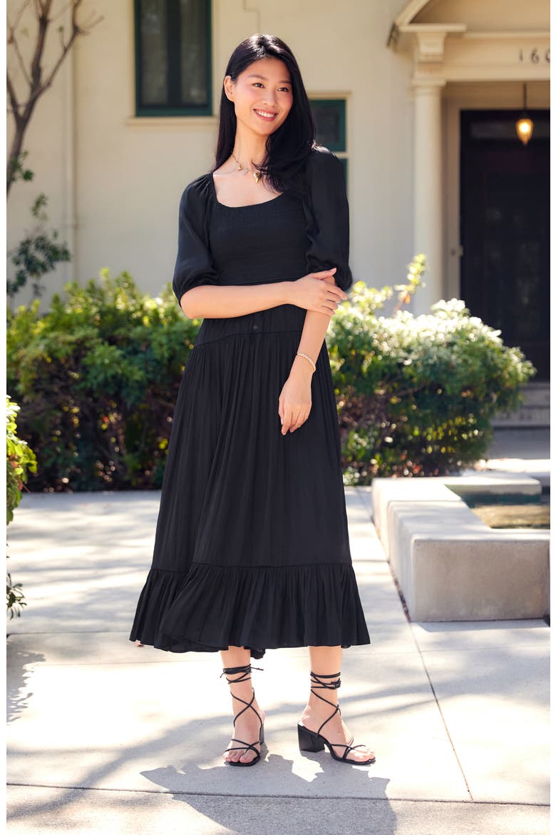 Smocked Balloon Sleeve Maxi Dress, Alternate, color, BLACK