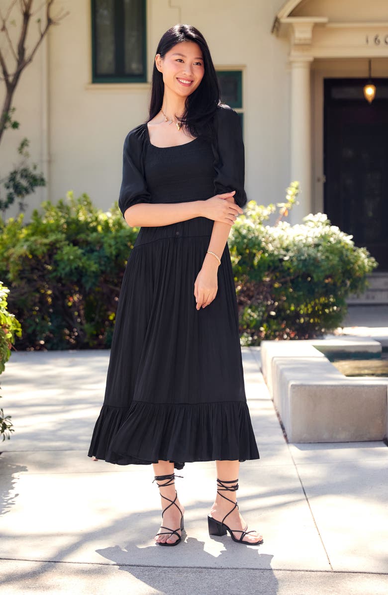 Karen Kane Smocked Puff Sleeve Midi Dress, Alternate, color, Black