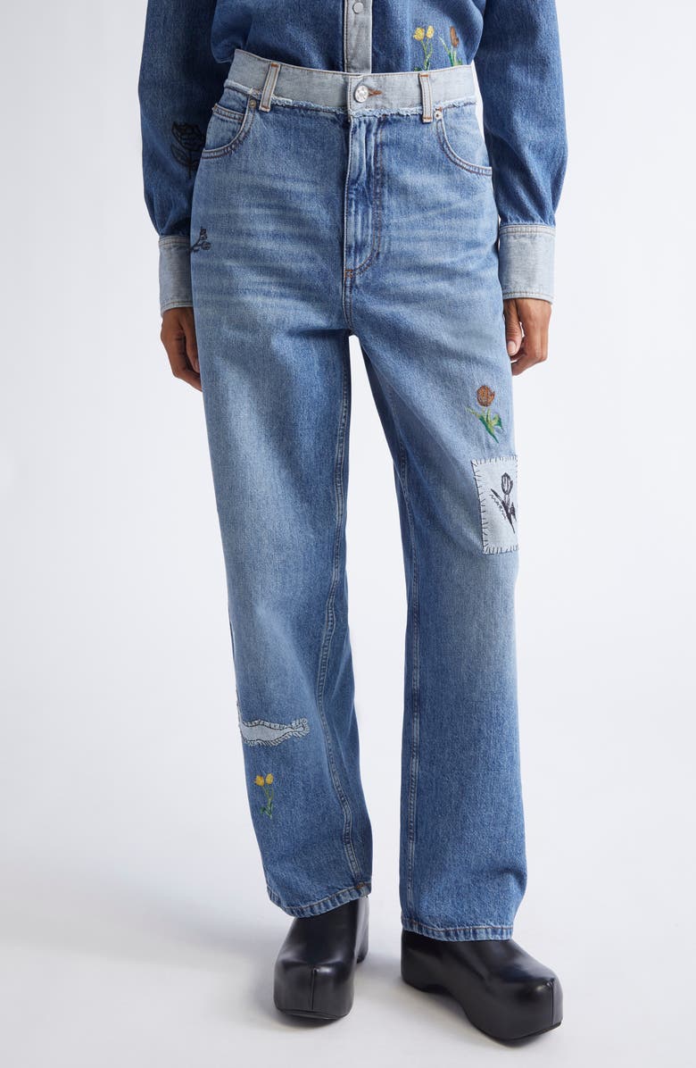 Marni Embroidered Spliced Jeans, Main, color, Azure
