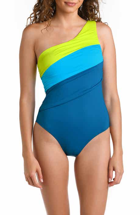 La Blanca Island Goddess Ruched Colorblock One-Shoulder One-Piece Swimsuit