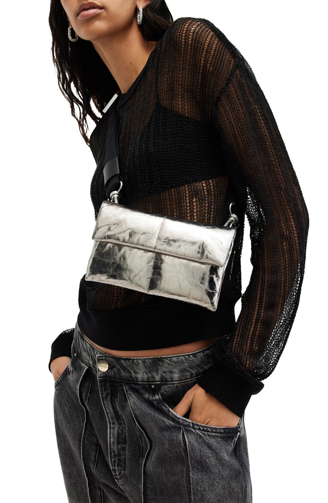 AllSaints Ezra Quilted Metallic Leather Crossbody Bag, Alternate, color, 