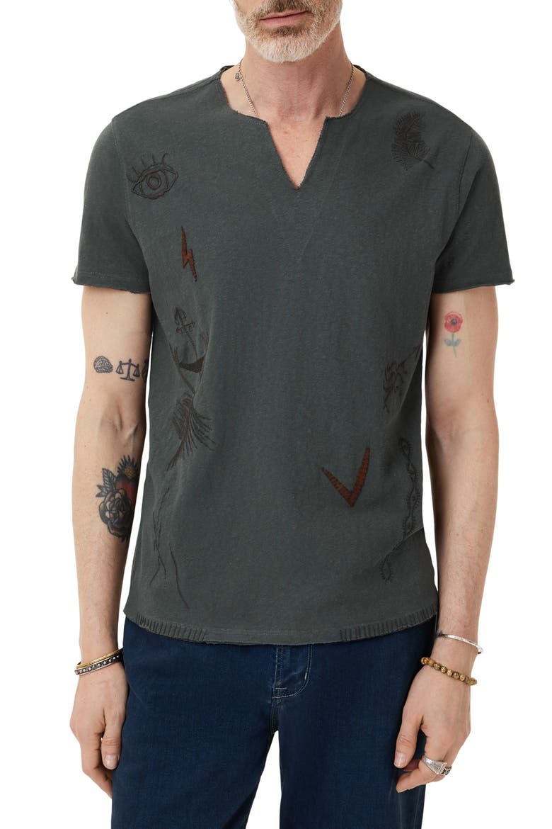 Embroidered Raw Edge Notch Neck Organic Cotton T-Shirt, Main, color, DRIED SAGE
