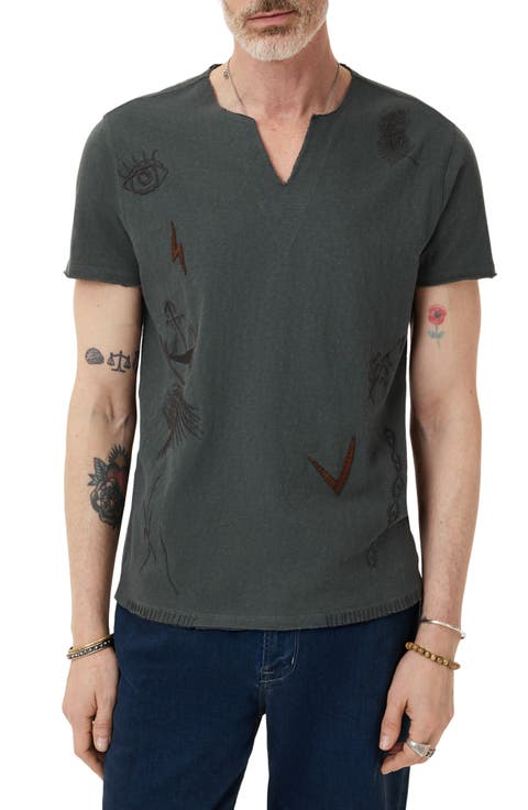Embroidered Raw Edge Notch Neck Organic Cotton T-Shirt