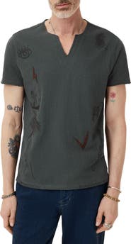 John Varvatos Embroidered Raw Edge Notch Neck Organic Cotton T-Shirt