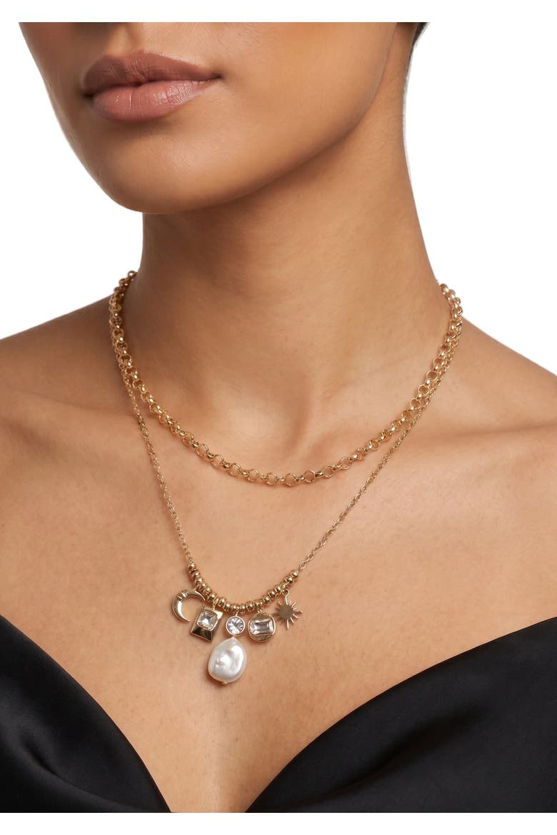 Aarti Layered Pearl Charm Necklace, Alternate, color, Gold