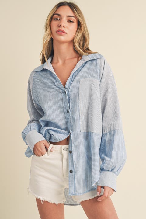 Blue Striped Colorblock Button Up Top