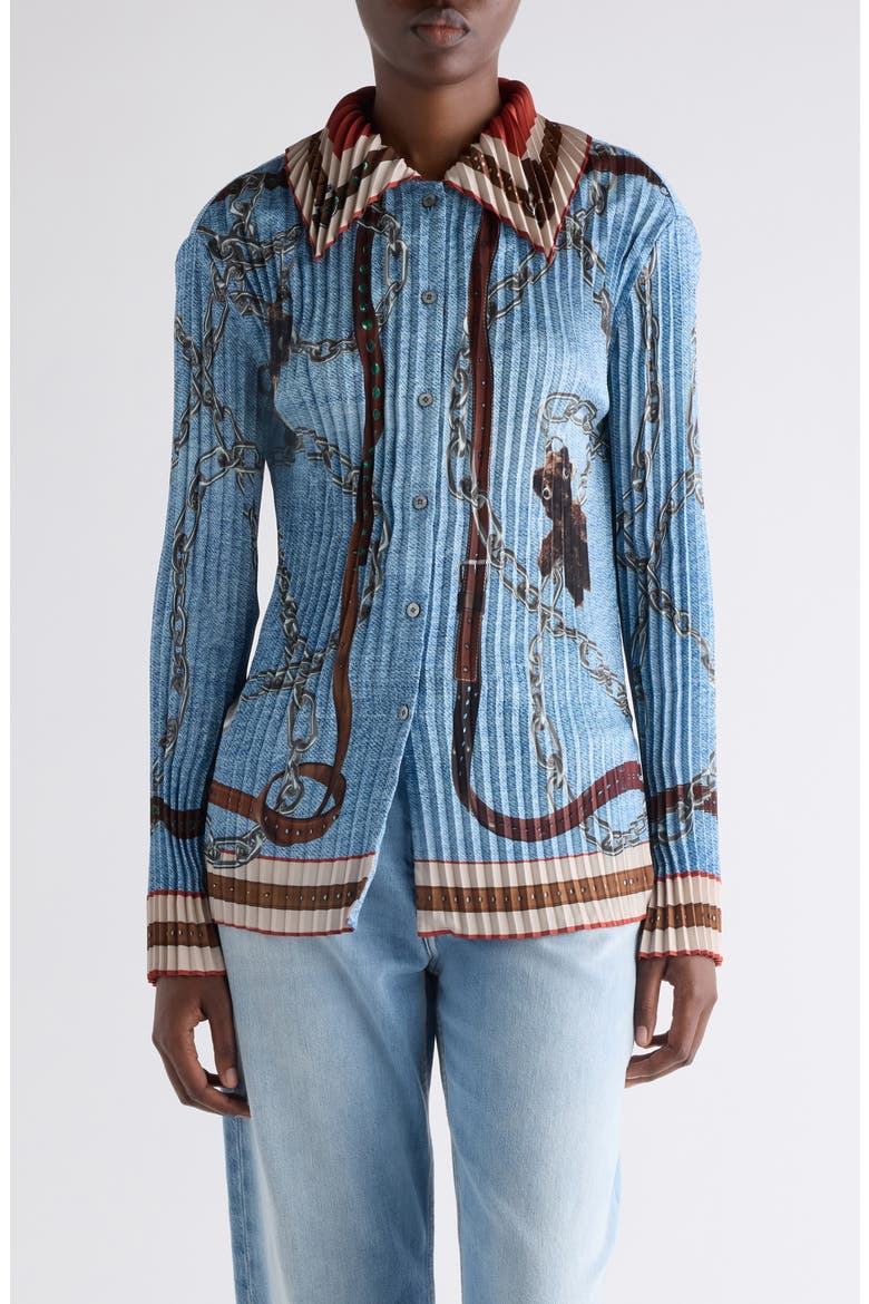 Pleated Print Button-Up Shirt, Main, color, DENIM BLUE