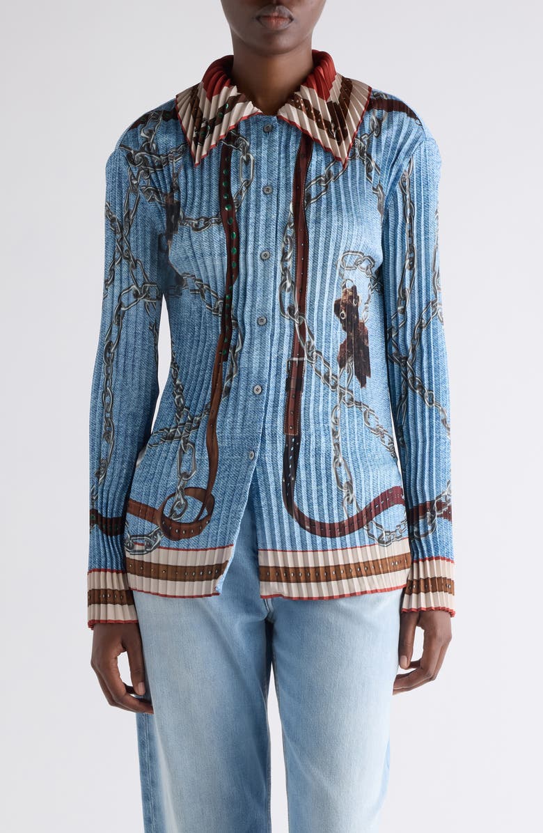 Acne Studios Pleated Print Button-Up Shirt, Main, color, Denim Blue