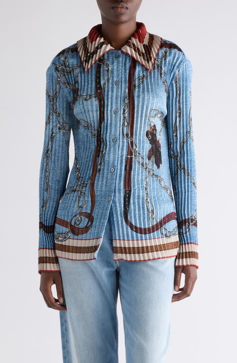 Pleated Print Button-Up Shirt