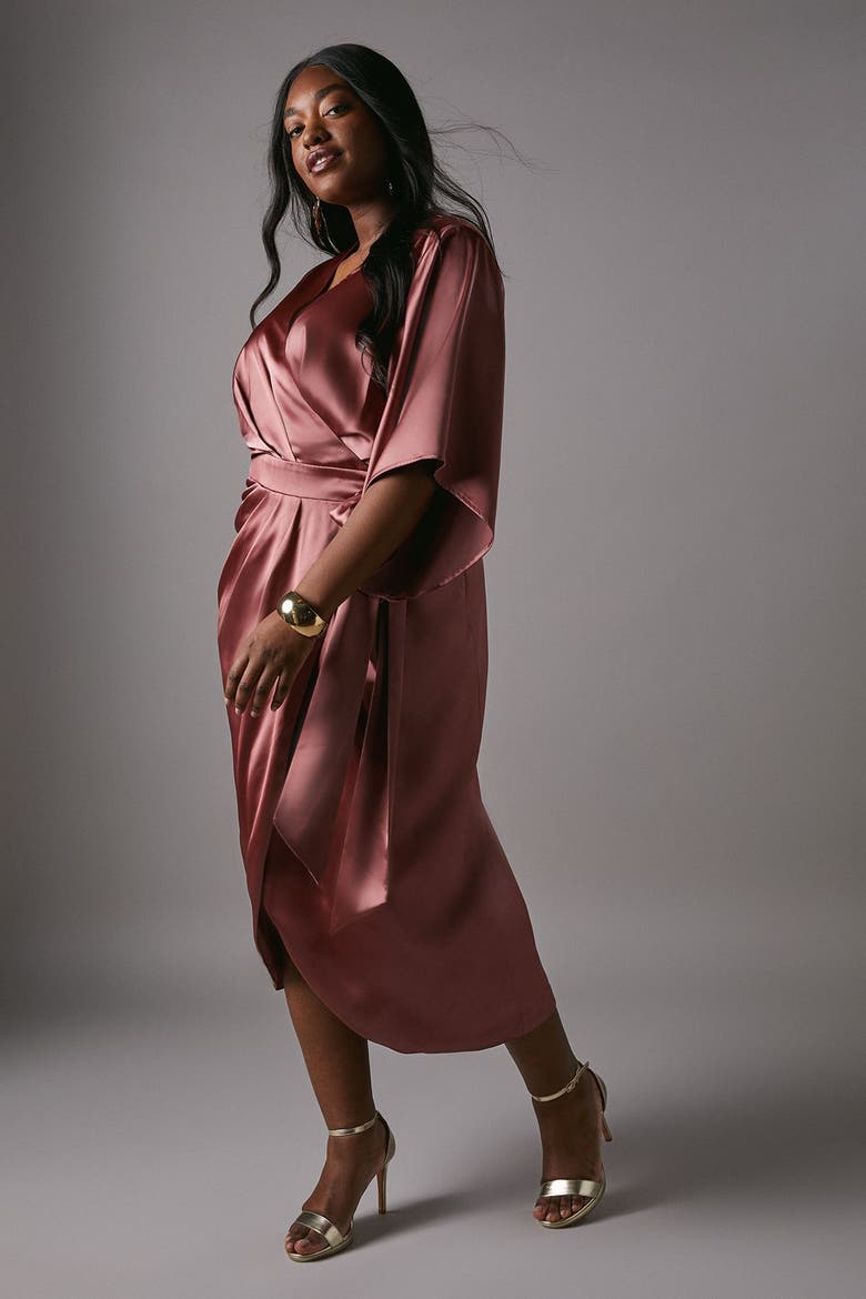 Plus Satin Wrap Midi Dress, Alternate, color, Rose
