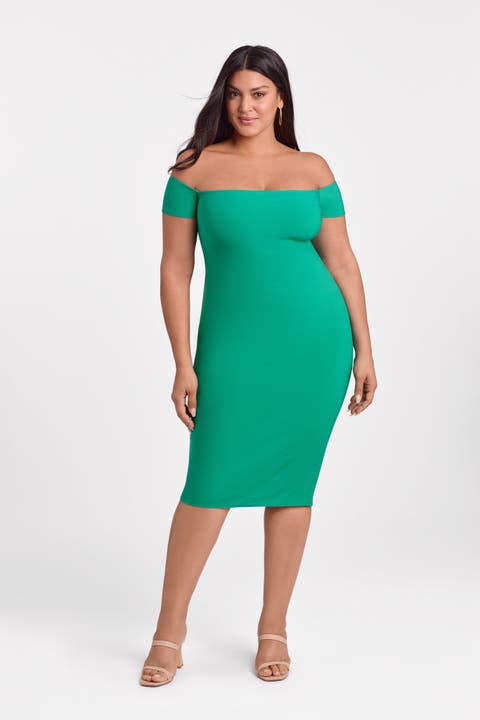 Sculpting Shapewear Straight Neck Off The Shoulder Midi Dress