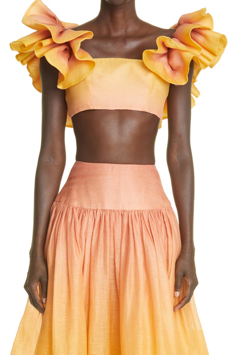 Postcard Ombré Ruffle Silk & Linen Crop Top, Main, color, OMBRE SUNSHINE