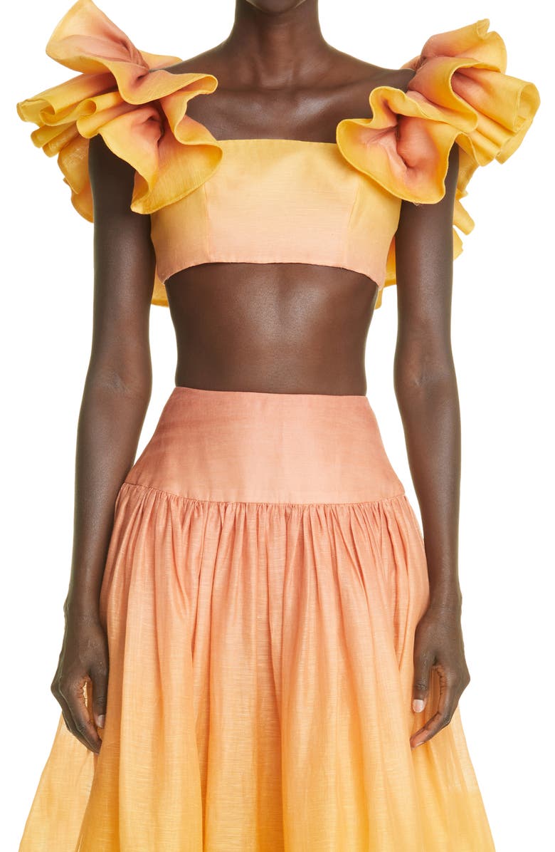 Zimmermann Postcard Ombré Ruffle Silk & Linen Crop Top, Main, color,