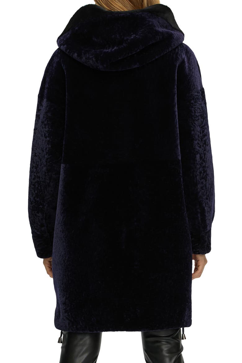 Genuine Shearling Hooded Long Coat, Reversible, Alternate, color, NAVY/BLUE