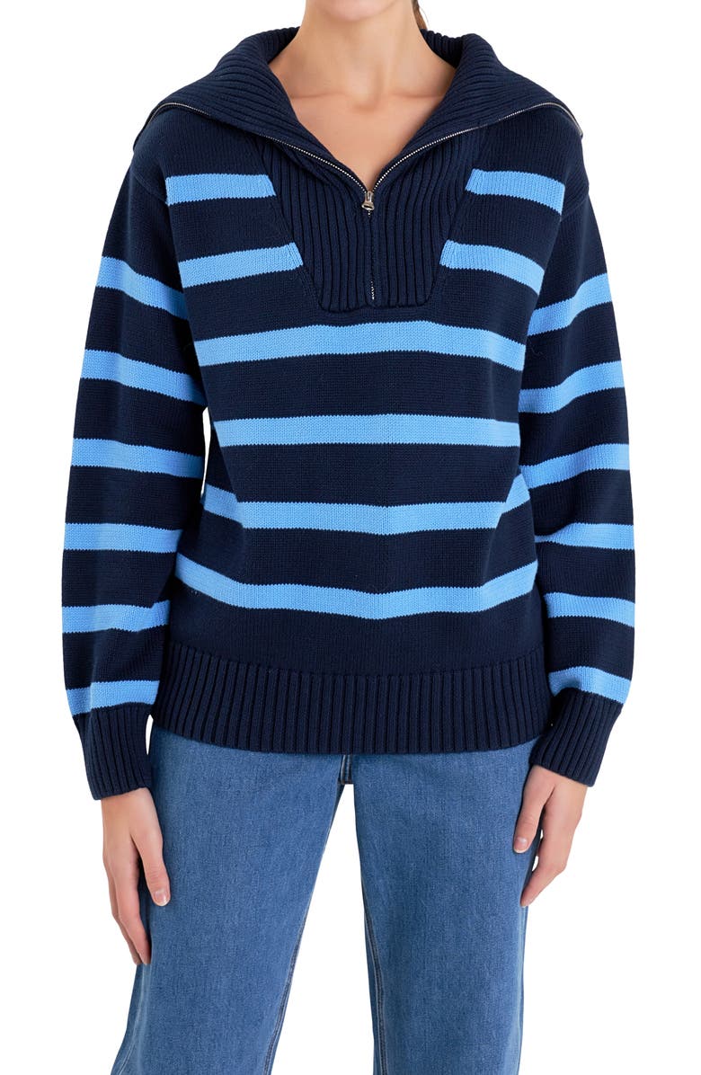 English Factory Stripe Cotton Zip Pullover, Alternate, color, Navy/ Blue