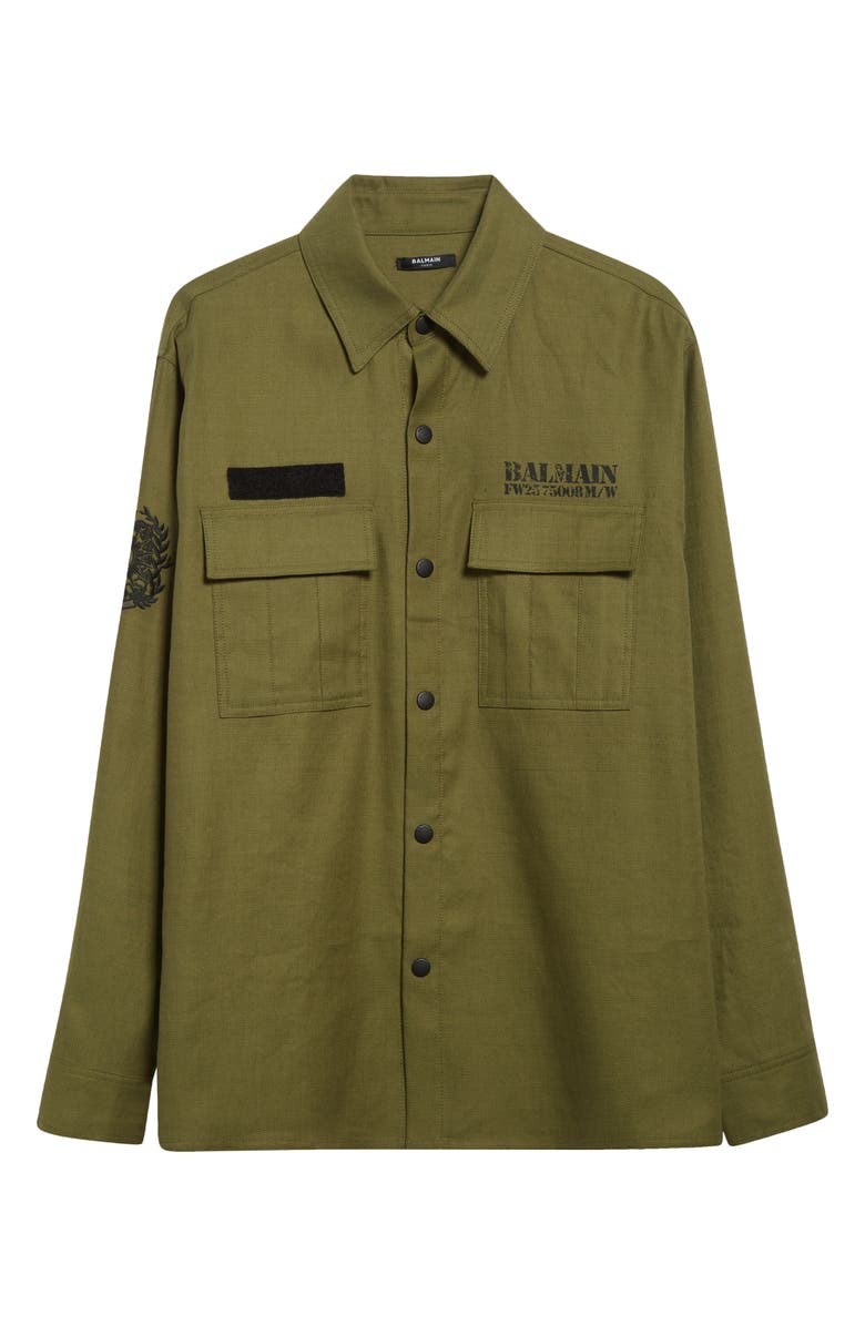 Balmain Small Logo Stamp Canvas Snap-Up Shirt, Alternate, color, 7Cw Kaki