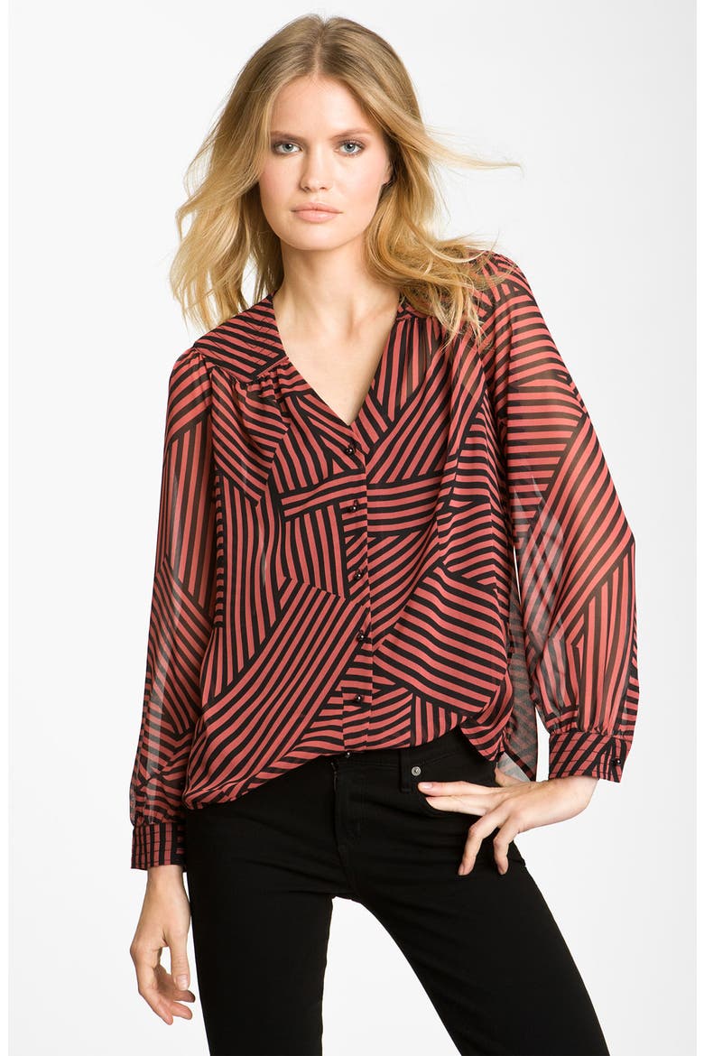 Sheer V-Neck Blouse, Main, color, BLACK RED STRIPE