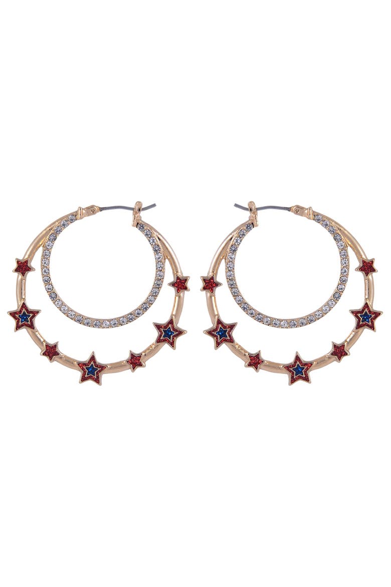 Double Stone Hoop Earrings with Red and Blue Star Accents, Alternate, color, Red
