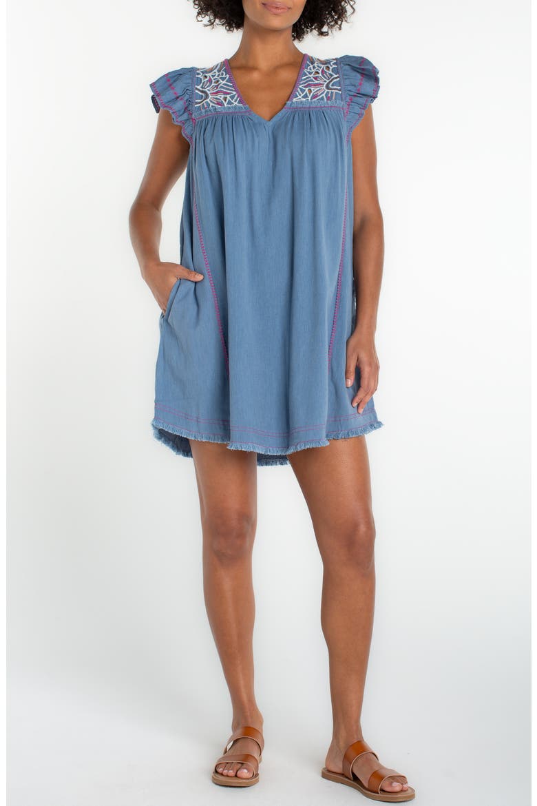 Embroidered Flutter Sleeve Denim Dress, Main, color, SLATE BLUE W EM