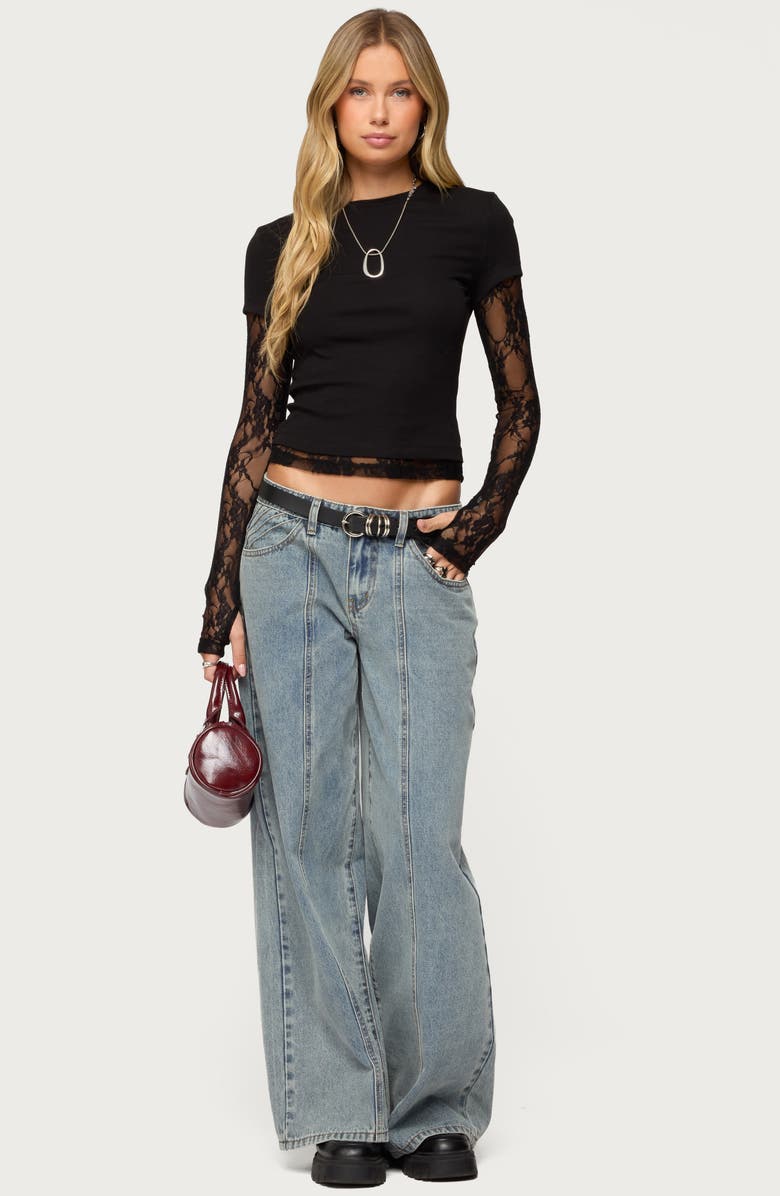 EDIKTED Layered Lace Sleeve T-Shirt, Alternate, color, Black