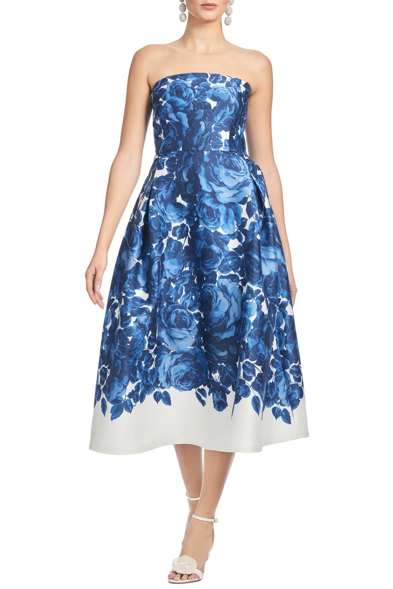 Shay Floral Strapless Stretch Mikado Cocktail Midi Dress, Main, color, NOCTURNE ROSES