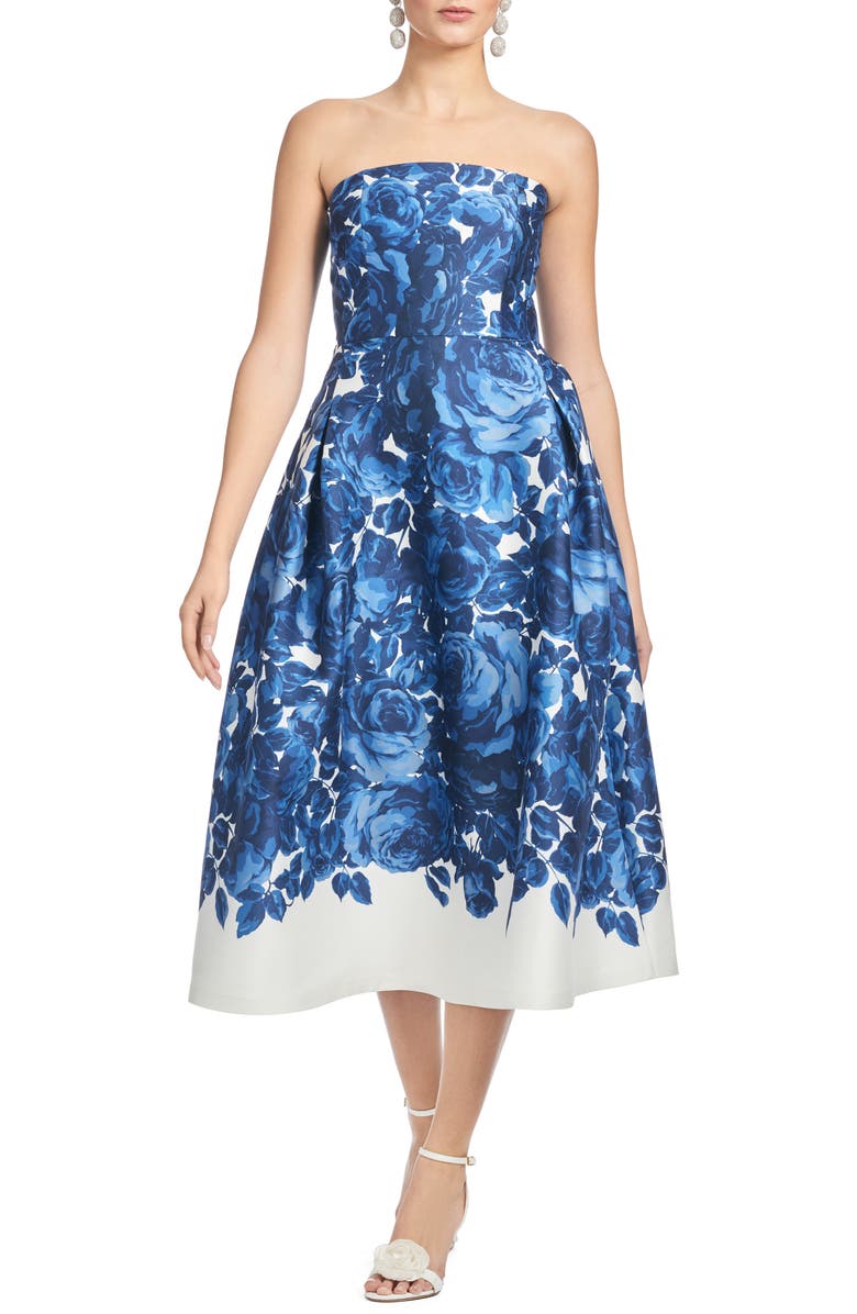 Sachin & Babi Shay Floral Strapless Stretch Mikado Cocktail Midi Dress, Main, color, Nocturne Roses
