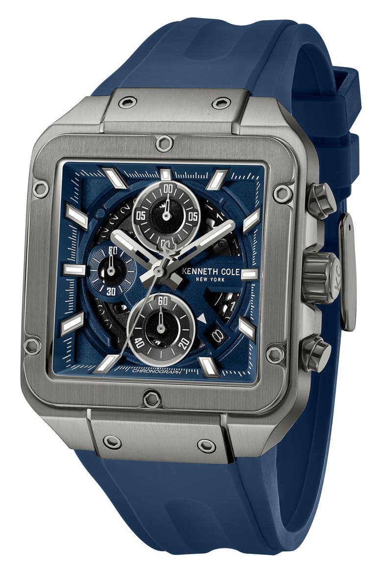 Arlington Automatic Chronograph Silicone Strap Watch, 43mm, Alternate, color, BLUE