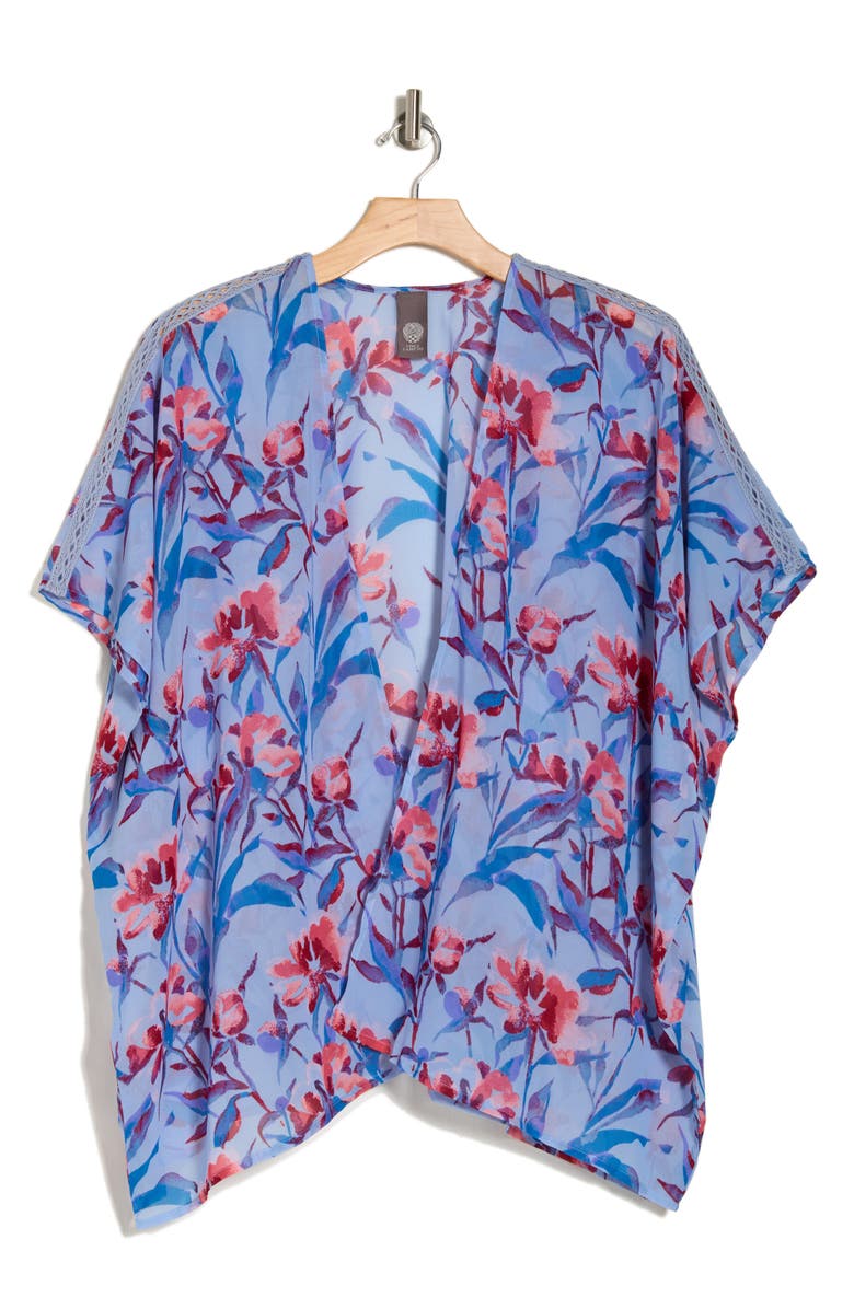 Vince Camuto Floral Ruana with Knit Trim, Alternate, color, Chambray