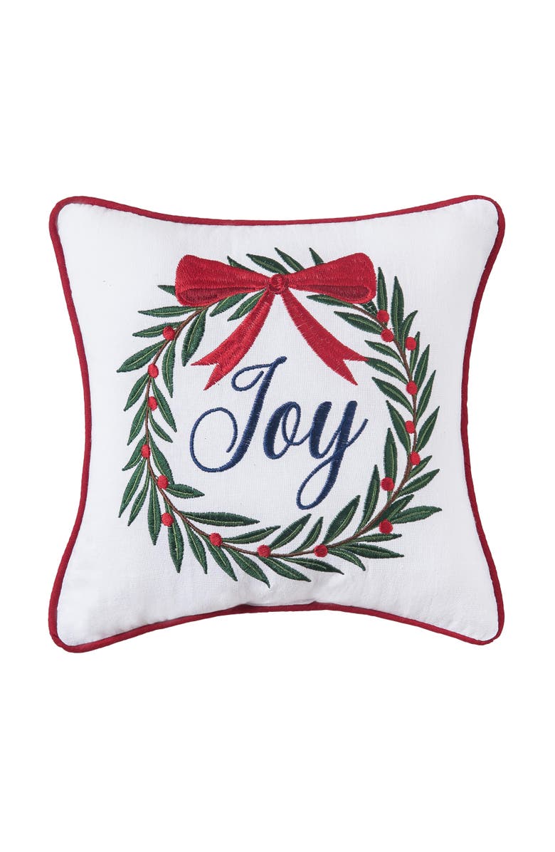 C&F Home Joy Wreath Embroidered Small Christmas Pillow, 10" x 10", Main, color, Red