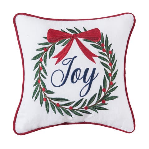 Joy Wreath Embroidered Small Christmas Pillow, 10" x 10"