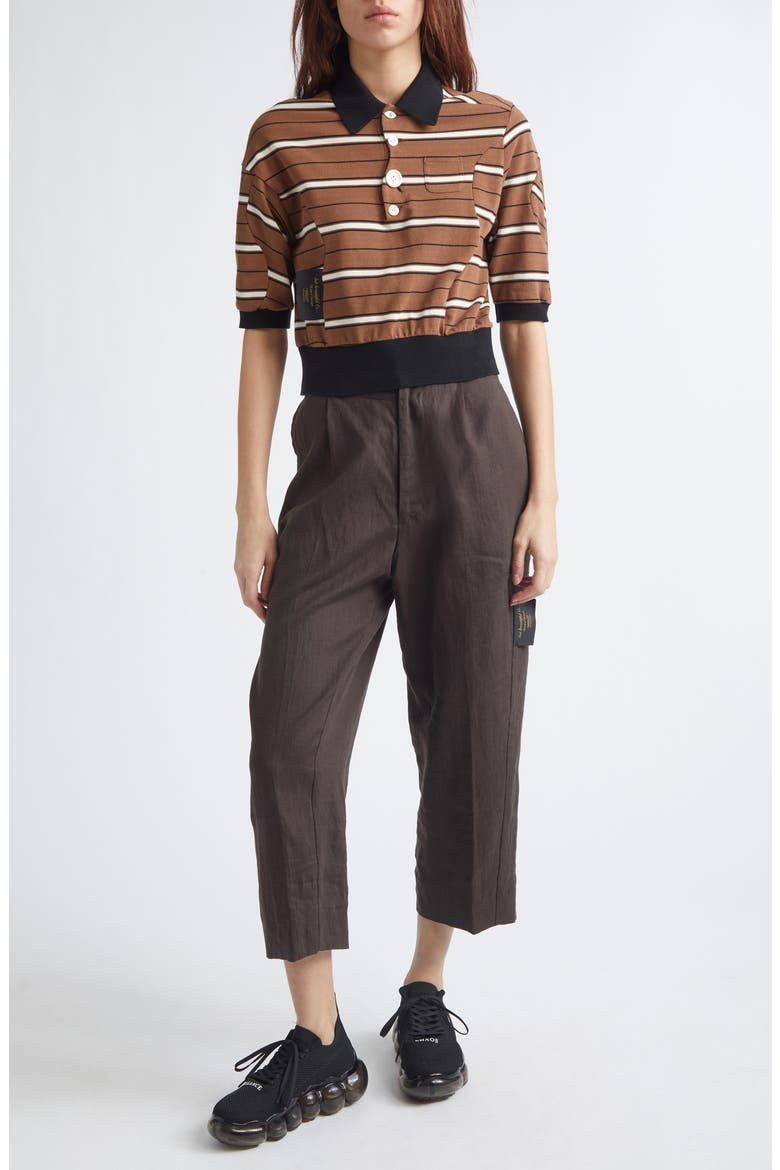 Stripe Crop Cotton Piqué Polo, Alternate, color, BROWN BORDER