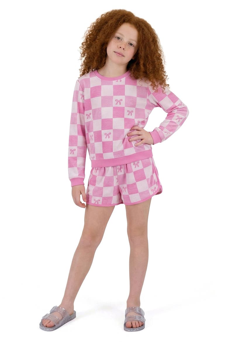 Kids' Textured Terry Long Sleeve Pullover & Shorts Set, Alternate, color, CHECKERED BOW