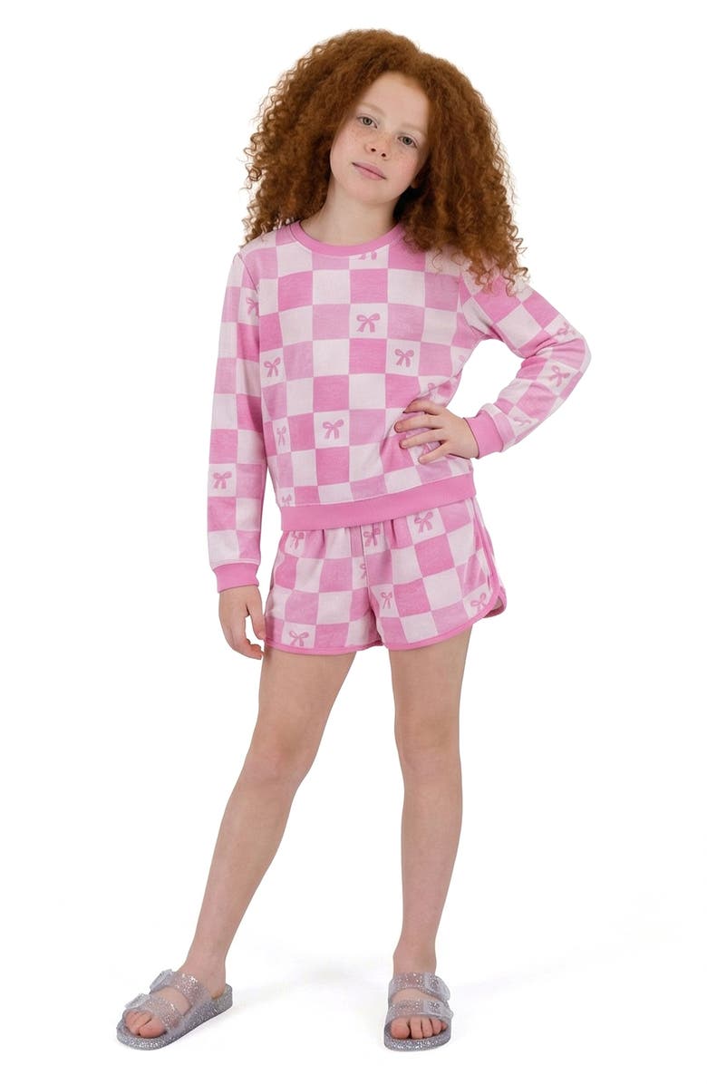 Andy & Evan Kids' Textured Terry Long Sleeve Pullover & Shorts Set, Alternate, color, Checkered Bow