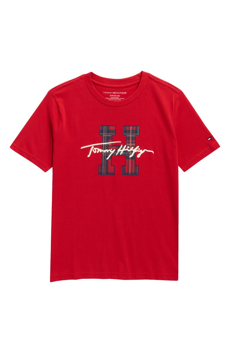 Tommy Hilfiger Kids' Plaid Logo Graphic T-Shirt, Main, color, Scarlet Sage
