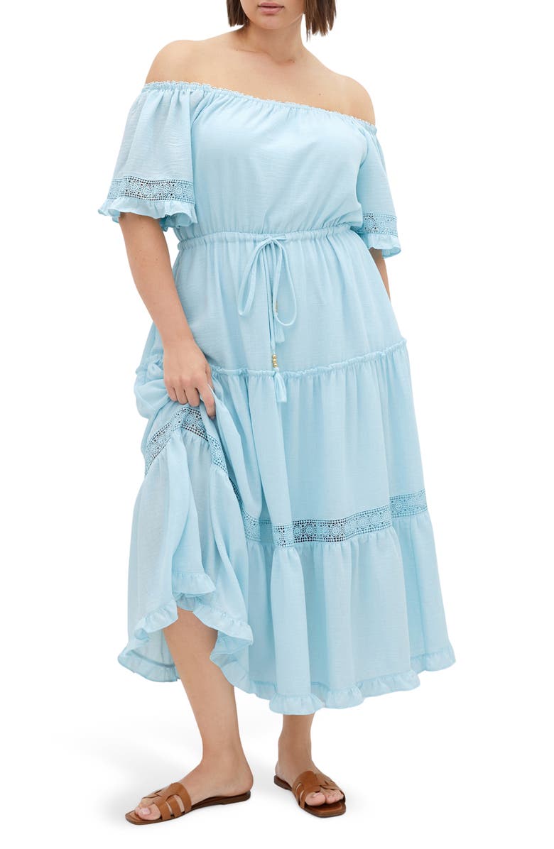 City Chic Angel Embroidery Detail Midi Dress, Main, color, Ice Blue