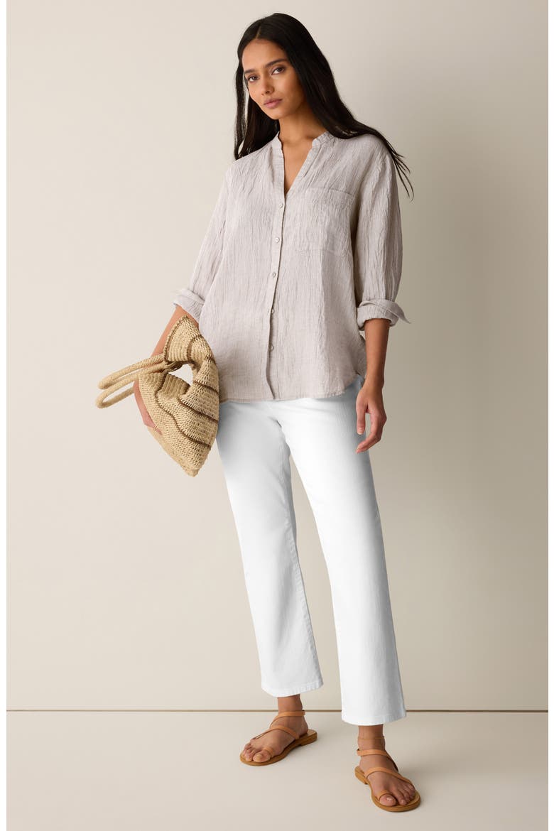 Mandarin Collar Long Sleeve Organic Linen Button-Up Shirt, Alternate, color, WHEAT