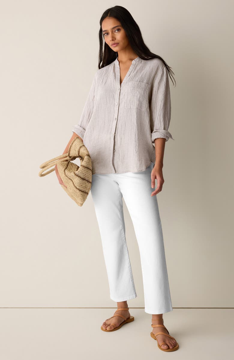 Eileen Fisher Mandarin Collar Long Sleeve Organic Linen Button-Up Shirt, Alternate, color, Wheat