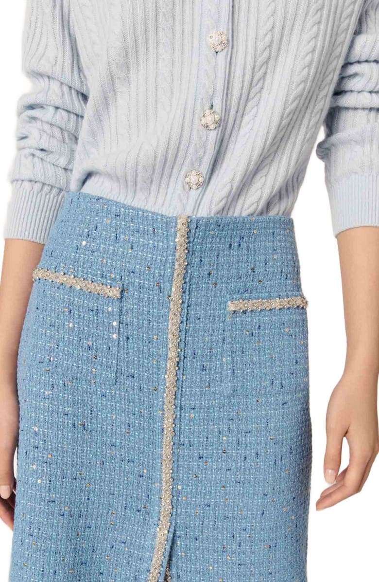 maje Sequin tweed midi skirt, Alternate, color,
