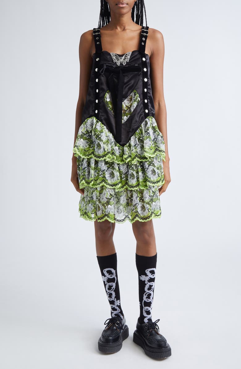 Chopova Lowena Nightie Satin & Lace Dress, Main, color, Black And Green