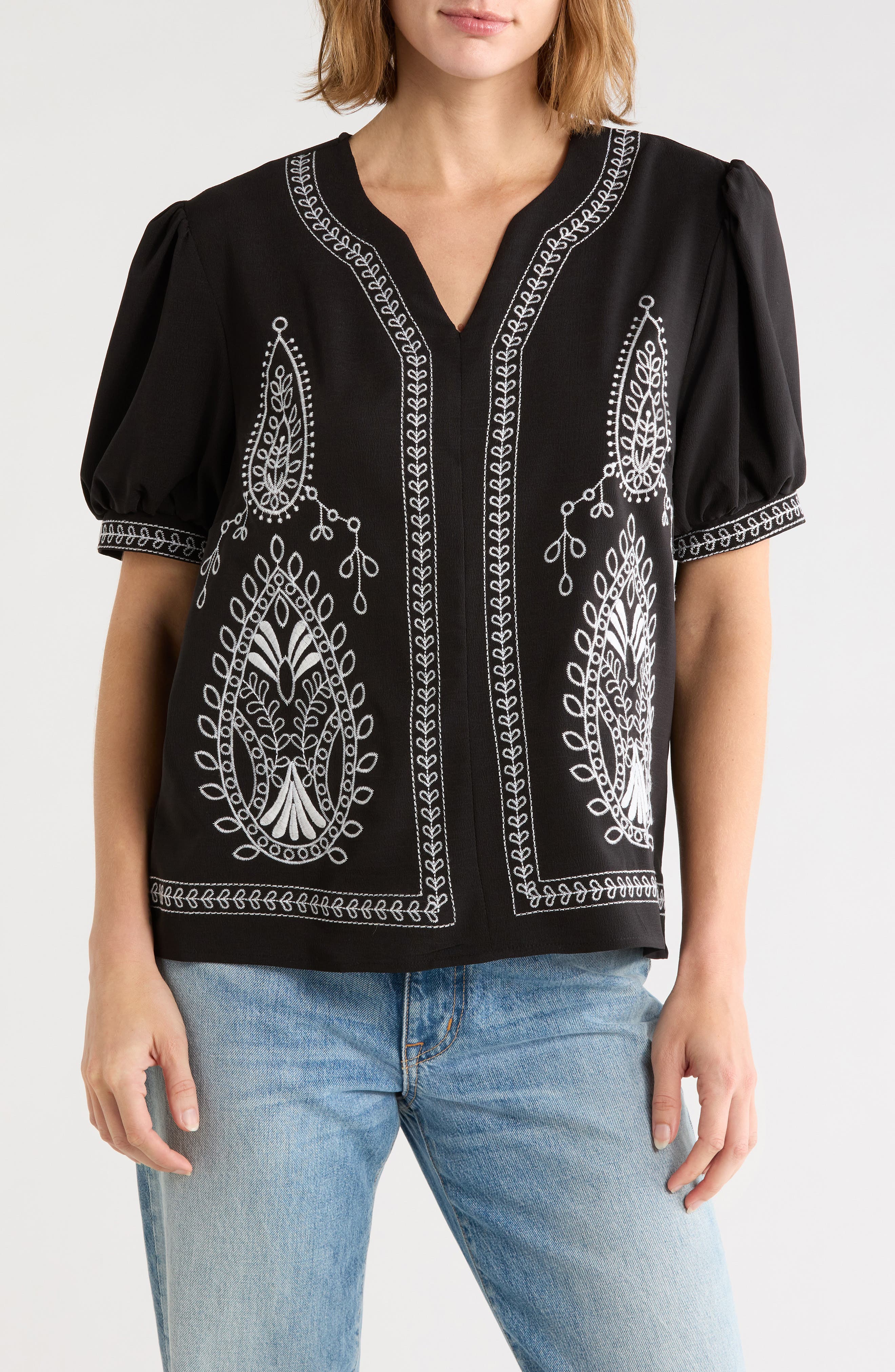 Embroidered Puff Sleeve Top