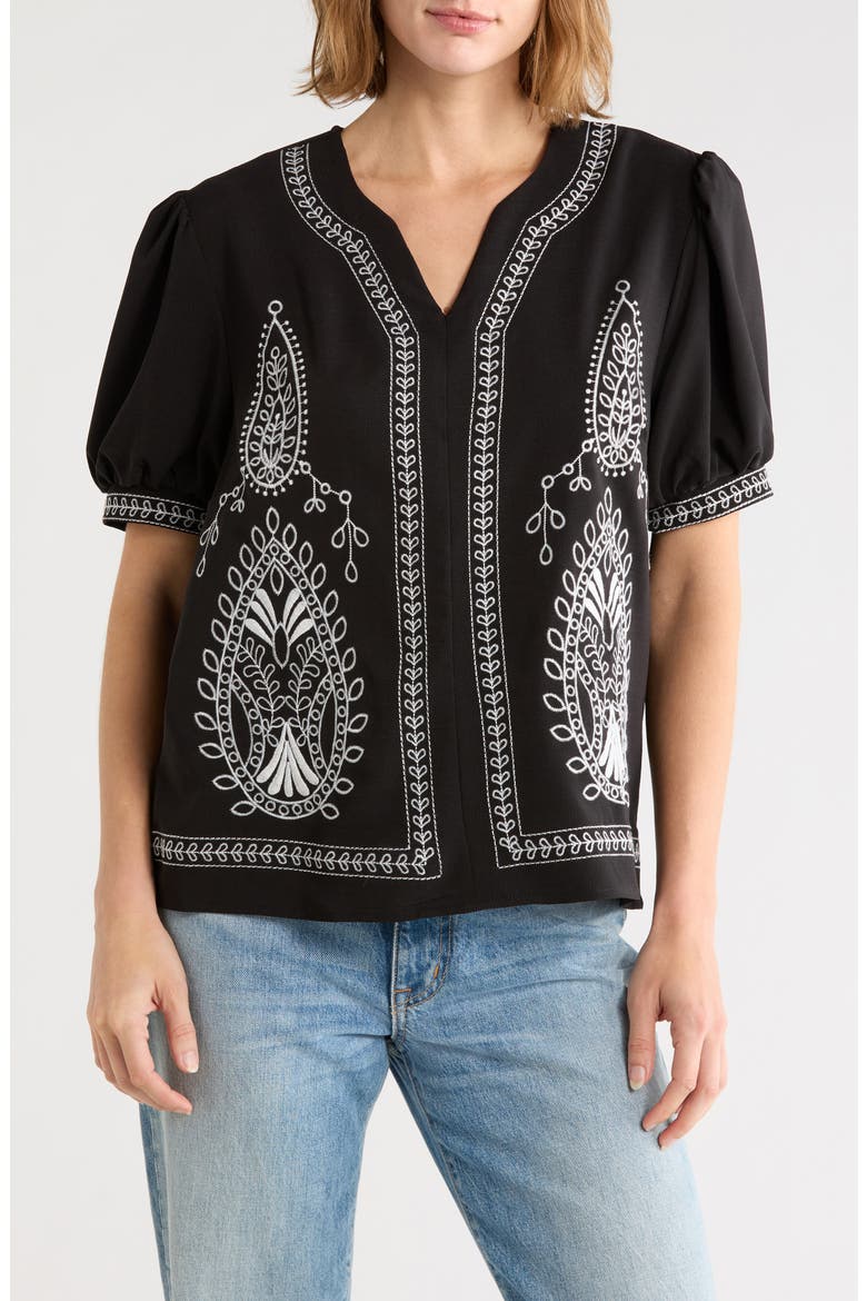 Embroidered Puff Sleeve Top, Main, color, BLACK